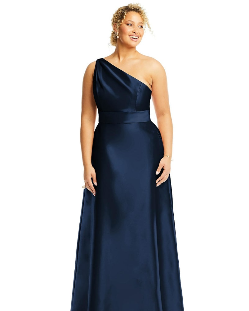 Front of a model wearing a size 20W Draped One-Shoulder Satin Maxi Dress with Pockets in Midnight Navy by Alfred Sung. | dia_product_style_image_id:267158